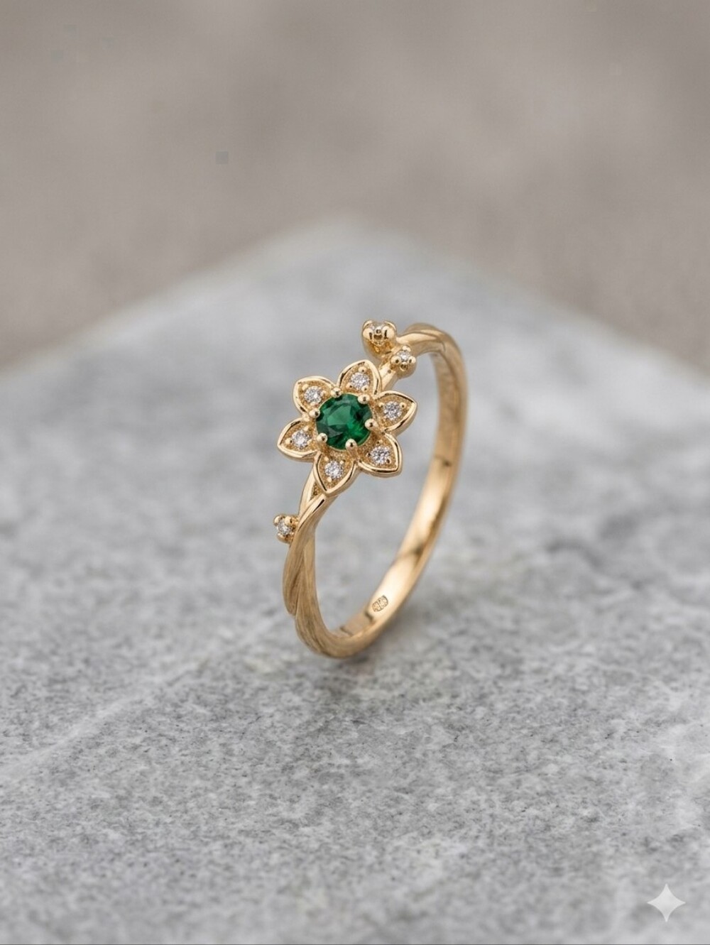 Gold Tone Floral Emerald-Center Ring, Adjustable